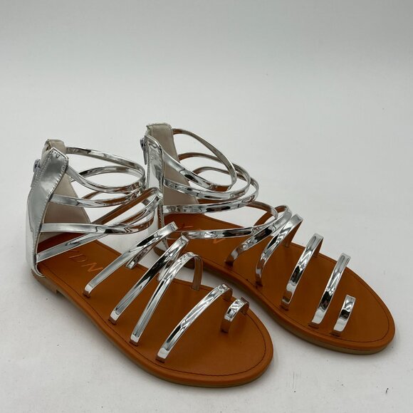 YDN Silver Sexy Gladiator Sandals Square Open Toe Zippers Strappy Flats Shoes - Picture 4 of 8